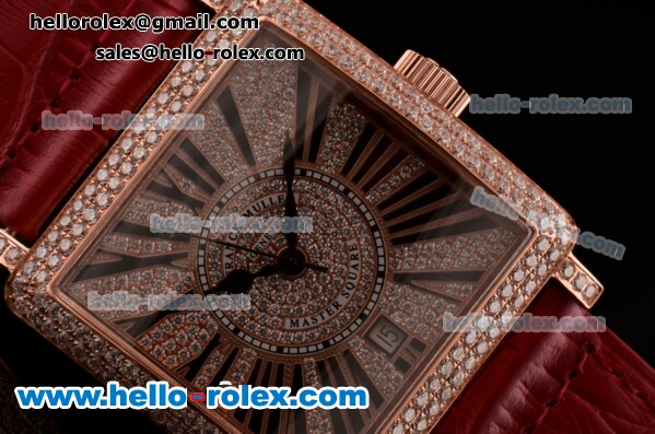Franck Muller Master Square Swiss ETA 2824 Automatic Rose Gold Case Diamond Bezel with Red Leather Strap and Diamond Dial - Click Image to Close